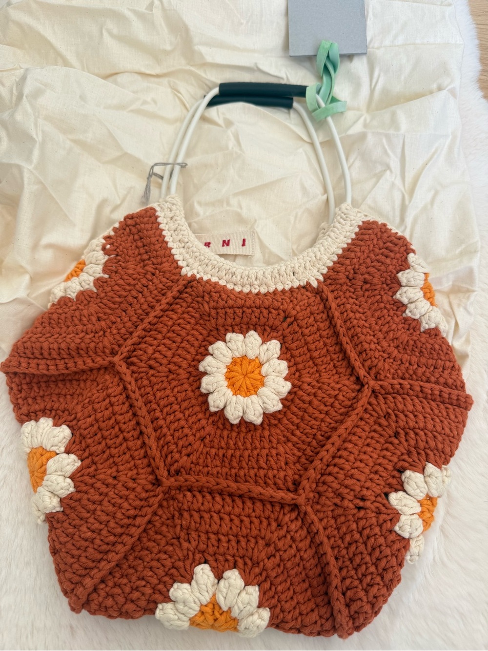 Marni Crocheted Tote with Orange Base and Cream Accents - Picture 2 of 3